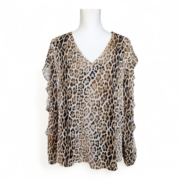 Calvin Klein Women's Leopard Print Ruffle Sleeve Blouse Size L - Picture 2 of 14